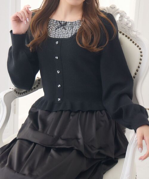 ems excite（エムズエキサイト）の「チェック切替NTPO（ニット/セーター・レディース・ブラック/ダークブルー/ナチュラル・FREE）」の2枚目の写真