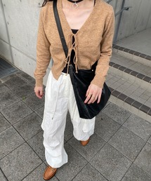 ISOOK | ダブルリボンカシミヤカーディガン(kiharu select) / Vネック 長袖 羽織り 薄手 秋冬 ミドル丈 ブラウン レッド 赤 茶(カーディガン/ボレロ)