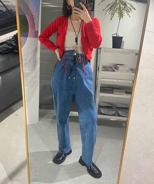 ISOOK(アイスー)の「ダブルリボンカシミヤカーディガン(kiharu select) / Vネック 長袖 羽織り 薄手 秋冬 ミドル丈 ブラウン レッド 赤 茶(カーディガン/ボレロ・レディース・ブラウン/レッド・FREE)」の9枚目の写真