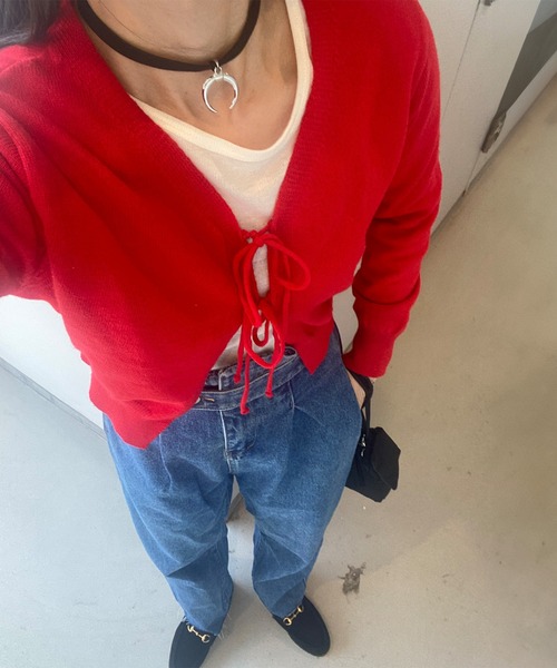 ISOOK(アイスー)の「ダブルリボンカシミヤカーディガン(kiharu select) / Vネック 長袖 羽織り 薄手 秋冬 ミドル丈 ブラウン レッド 赤 茶(カーディガン/ボレロ・レディース・ブラウン/レッド・FREE)」の11枚目の写真