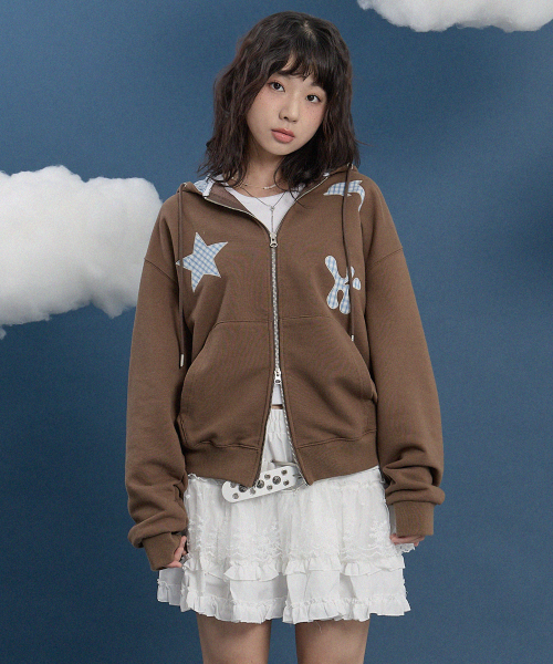 WaiKei（ワイケイ）の「スタードルフィンチェックアプリケフードジップアップブラウン（パーカー・レディース・その他・1/2）」の5枚目の写真