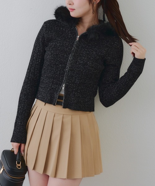 continuer de NICE CLAUP（コンティニューデナイスクラップ）の「キラキラケーブルファーパーカー（ニット/セーター・レディース・ピンク/アイボリー/トップグレー/ブラック・FREE）」の2枚目の写真