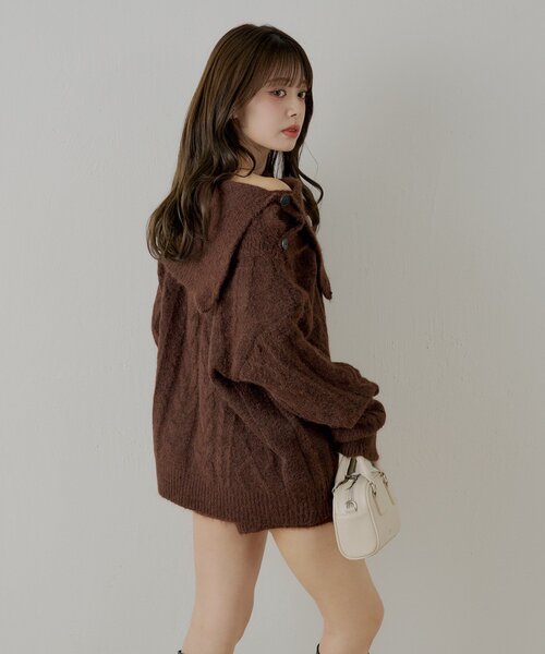 はるか＊マメクロゴウチ ケーブルニット セーター 2 Mサイズ ブラウン Mame Kurogouchi オープンニット ハイネックセーター | ブラウン