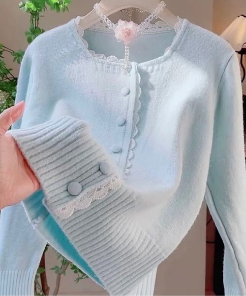 レーストリムボタンカーディガン／ふわふわタッチ／大人ガーリー