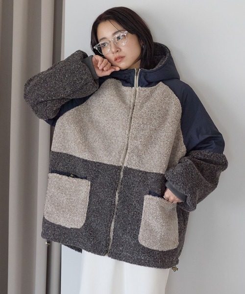 HEART MARKET(ハートマーケット)の「配色ボアフーディジャケット(その他アウター・レディース・カーキ/ベージュ/チャコール・FREE)」の2枚目の写真