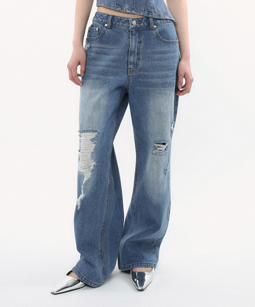 (ウィメンズ) デストロイドデニムパンツ_ブルー