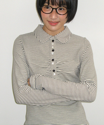 RONRON（ロンロン）の「SHIRRING STRIPE BUTTON LONG SLEEVE IVORY BLACK（Tシャツ/カットソー）」