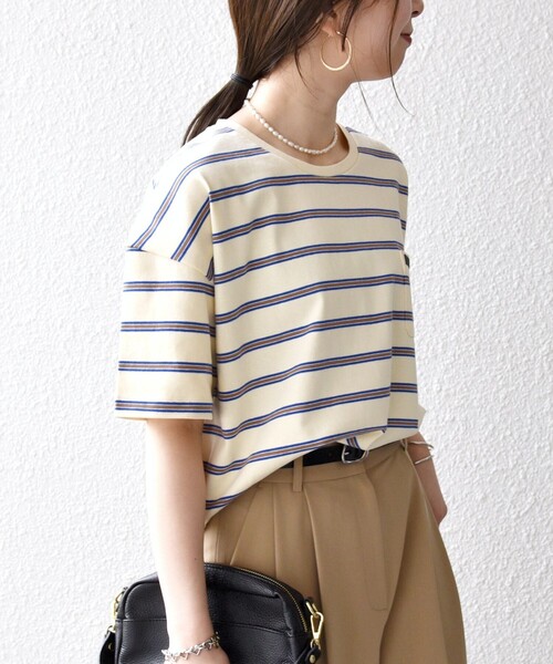 SHIPS any(シップス エニィ)の「SHIPS any:〈洗濯機可能〉マルチボーダー ワイド TEE(Tシャツ/カットソー・レディース・オフホワイト/チャコールグレー/グリーン・ONE SIZE)」の7枚目の写真