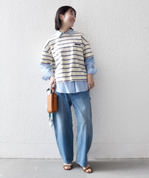 SHIPS any(シップス エニィ)の「SHIPS any:〈洗濯機可能〉マルチボーダー ワイド TEE(Tシャツ/カットソー・レディース・オフホワイト/チャコールグレー/グリーン・ONE SIZE)」の9枚目の写真