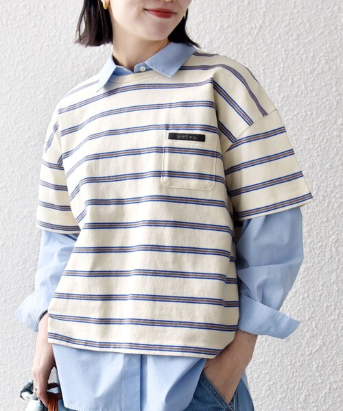 SHIPS any(シップス エニィ)の「SHIPS any:〈洗濯機可能〉マルチボーダー ワイド TEE(Tシャツ/カットソー・レディース・オフホワイト/チャコールグレー/グリーン・ONE SIZE)」の10枚目の写真
