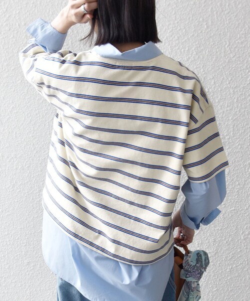 SHIPS any(シップス エニィ)の「SHIPS any:〈洗濯機可能〉マルチボーダー ワイド TEE(Tシャツ/カットソー・レディース・オフホワイト/チャコールグレー/グリーン・ONE SIZE)」の11枚目の写真