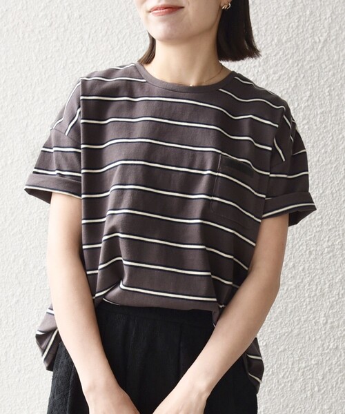 SHIPS any(シップス エニィ)の「SHIPS any:〈洗濯機可能〉マルチボーダー ワイド TEE(Tシャツ/カットソー・レディース・オフホワイト/チャコールグレー/グリーン・ONE SIZE)」の18枚目の写真