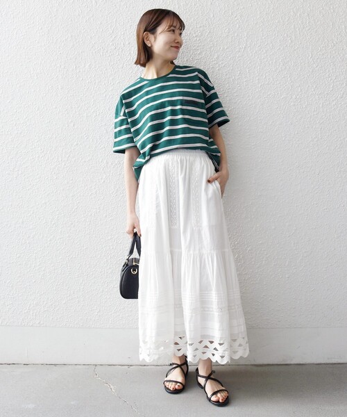 SHIPS any(シップス エニィ)の「SHIPS any:〈洗濯機可能〉マルチボーダー ワイド TEE(Tシャツ/カットソー・レディース・オフホワイト/チャコールグレー/グリーン・ONE SIZE)」の20枚目の写真