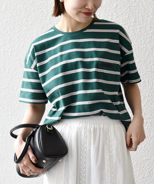 SHIPS any(シップス エニィ)の「SHIPS any:〈洗濯機可能〉マルチボーダー ワイド TEE(Tシャツ/カットソー・レディース・オフホワイト/チャコールグレー/グリーン・ONE SIZE)」の22枚目の写真