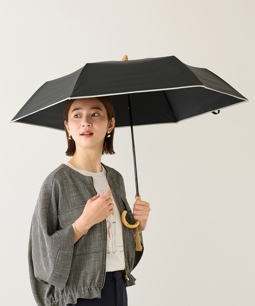 ROPE'（ロペ）の「[晴雨兼用傘]バンブーハンドルバイカラー折りたたみ傘(撥水雨傘・遮熱日傘)/UV&遮光率100%カット/近赤外線99.9％（折りたたみ傘・レディース・ブラック/キナリ・FREE）」の5枚目の写真