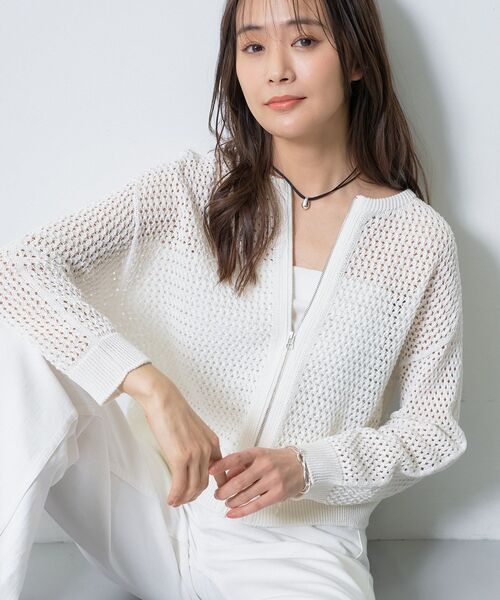 INDIVI(インディヴィ)の「【洗える/コットン】メッシュジップニットカーディガン(カーディガン/ボレロ・レディース・ダークブラウン/チャコールグレー/ライトグレー/ホワイト・38)」の1枚目の写真