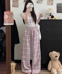 チェック柄 レースウエスト ワイド イージーパンツ ルームパンツ ワンマイルコーデ