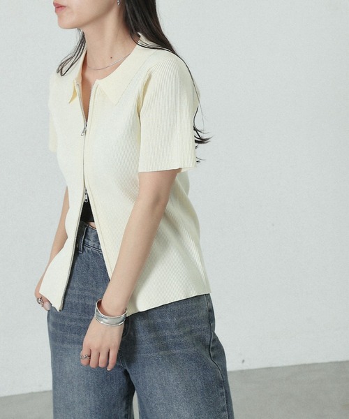 COLONY 2139（コロニートゥーワンスリーナイン）の「エステルヤーン半袖衿付きWジップカーディガン（カーディガン/ボレロ・レディース・ブルー系その他/ブラック/アイボリー/レッド/ライトグレー/チャコールグレー・FREE）」の9枚目の写真