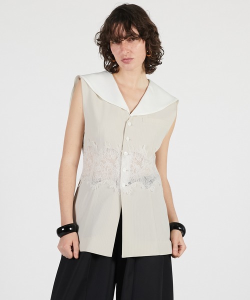 PRANK PROJECT（プランクプロジェクト）の「【2026Summer Pre-Order】レースコンビセーラージレ / Lace Combo Sailor Gilet（ベスト・レディース・ネイビー/ベージュ・FREE）」の2枚目の写真