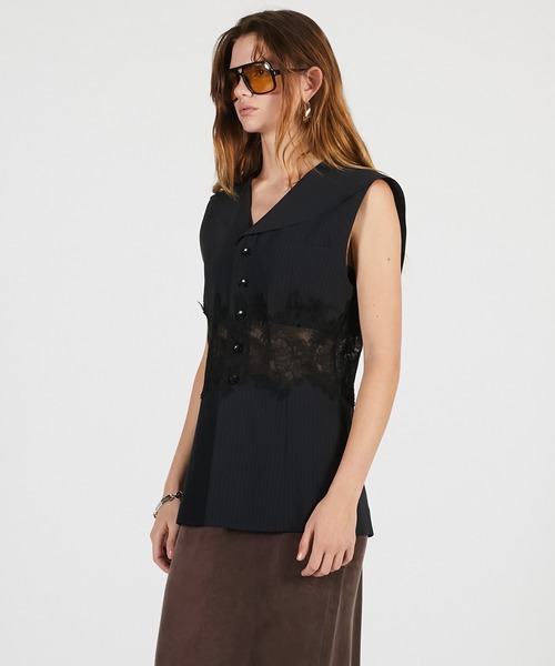 PRANK PROJECT（プランクプロジェクト）の「【2026Summer Pre-Order】レースコンビセーラージレ / Lace Combo Sailor Gilet（ベスト・レディース・ネイビー/ベージュ・FREE）」の8枚目の写真