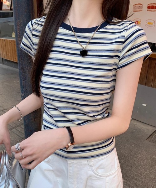 shyam inspiration（シャムインスピレーション）の「マルチボーダーコンパクトTシャツ/半袖（Tシャツ/カットソー・レディース・レッド/ブルー・M/S）」の19枚目の写真