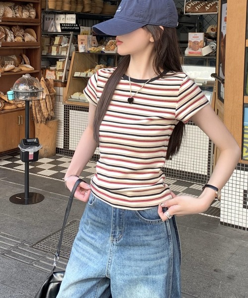shyam inspiration（シャムインスピレーション）の「マルチボーダーコンパクトTシャツ/半袖（Tシャツ/カットソー・レディース・レッド/ブルー・M/S）」の9枚目の写真