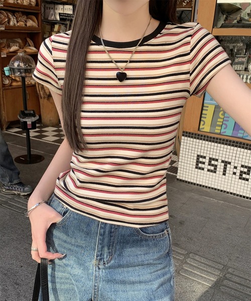 shyam inspiration（シャムインスピレーション）の「マルチボーダーコンパクトTシャツ/半袖（Tシャツ/カットソー・レディース・レッド/ブルー・M/S）」の8枚目の写真