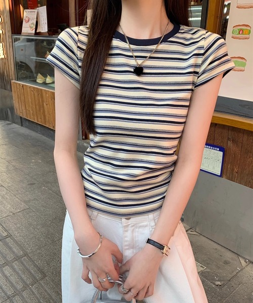 shyam inspiration（シャムインスピレーション）の「マルチボーダーコンパクトTシャツ/半袖（Tシャツ/カットソー・レディース・レッド/ブルー・M/S）」の18枚目の写真