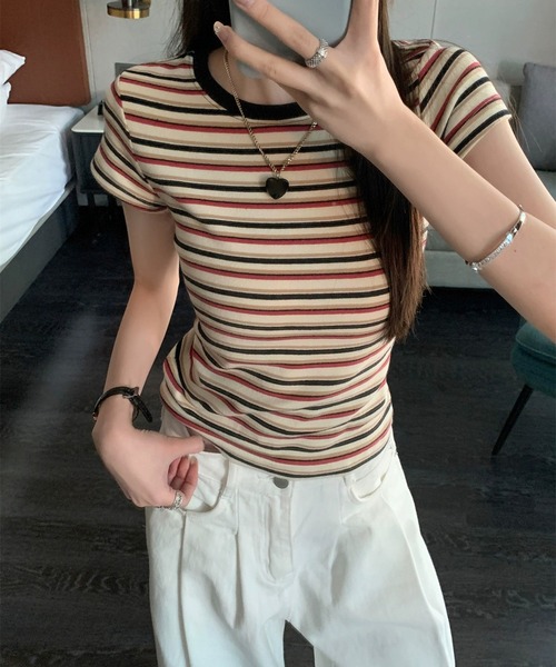 shyam inspiration（シャムインスピレーション）の「マルチボーダーコンパクトTシャツ/半袖（Tシャツ/カットソー・レディース・レッド/ブルー・M/S）」の15枚目の写真