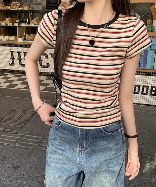 shyam inspiration（シャムインスピレーション）の「マルチボーダーコンパクトTシャツ/半袖（Tシャツ/カットソー・レディース・レッド/ブルー・M/S）」の11枚目の写真