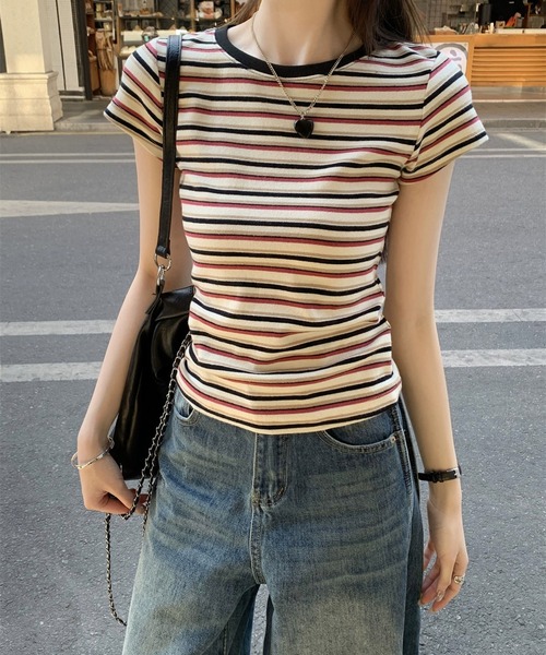 shyam inspiration（シャムインスピレーション）の「マルチボーダーコンパクトTシャツ/半袖（Tシャツ/カットソー・レディース・レッド/ブルー・M/S）」の13枚目の写真