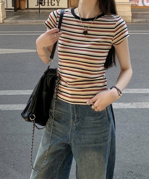 shyam inspiration（シャムインスピレーション）の「マルチボーダーコンパクトTシャツ/半袖（Tシャツ/カットソー・レディース・レッド/ブルー・M/S）」の14枚目の写真