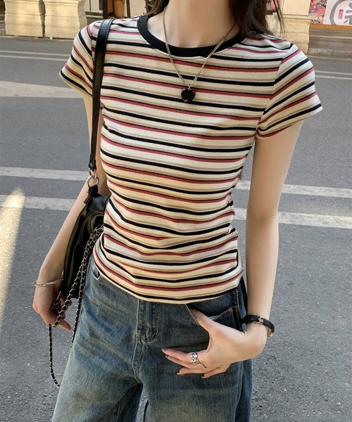 shyam inspiration（シャムインスピレーション）の「マルチボーダーコンパクトTシャツ/半袖（Tシャツ/カットソー・レディース・レッド/ブルー・M/S）」の12枚目の写真