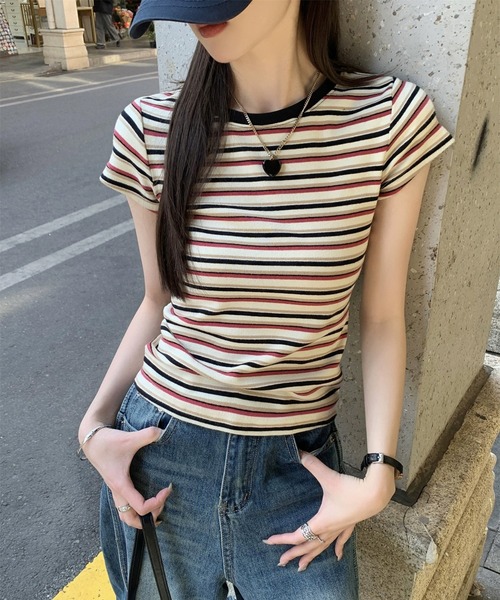 shyam inspiration（シャムインスピレーション）の「マルチボーダーコンパクトTシャツ/半袖（Tシャツ/カットソー・レディース・レッド/ブルー・M/S）」の5枚目の写真