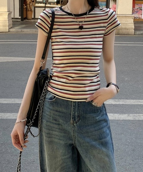 shyam inspiration（シャムインスピレーション）の「マルチボーダーコンパクトTシャツ/半袖（Tシャツ/カットソー・レディース・レッド/ブルー・M/S）」の7枚目の写真