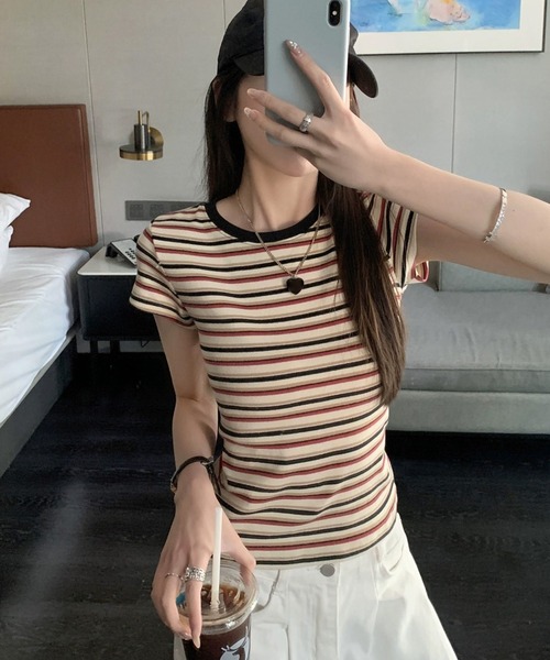 shyam inspiration（シャムインスピレーション）の「マルチボーダーコンパクトTシャツ/半袖（Tシャツ/カットソー・レディース・レッド/ブルー・M/S）」の16枚目の写真