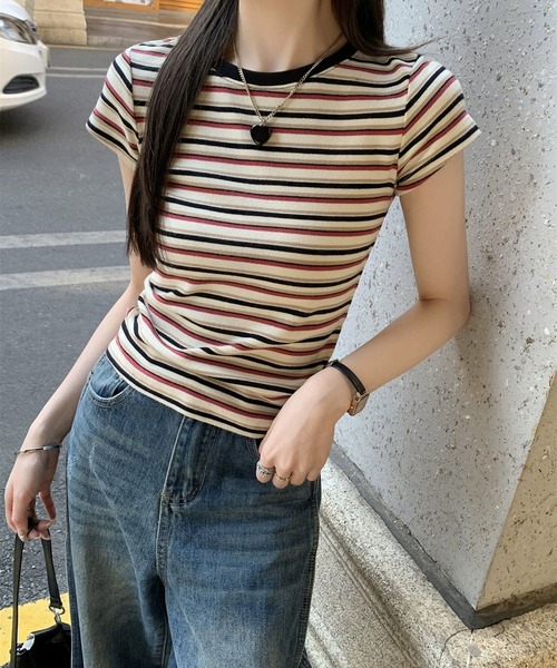 shyam inspiration（シャムインスピレーション）の「マルチボーダーコンパクトTシャツ/半袖（Tシャツ/カットソー・レディース・レッド/ブルー・M/S）」の6枚目の写真