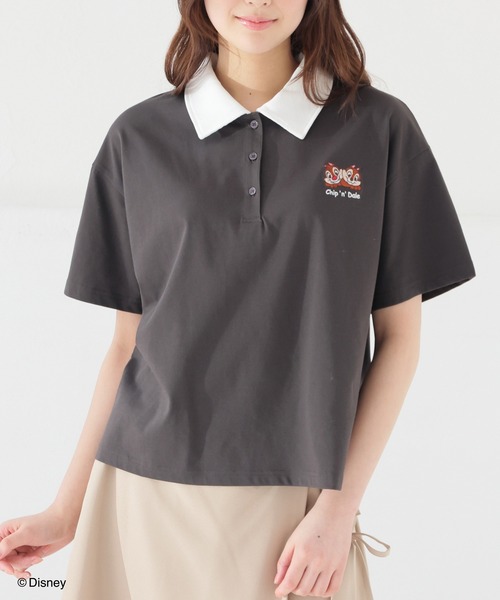 Honeys（ハニーズ）の「【ハニさら・接触冷感・ＵＶカット】ディズニー／衿付トップス（Tシャツ/カットソー・レディース・ネイビー/スミクロ/イエロー/ホワイト/グリーン・S/M/L/SS）」の3枚目の写真