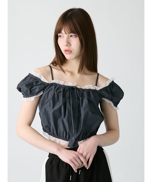 FURFUR(ファーファー)の「【WEB限定カラー】パフスリーブギャザーブラウス(シャツ/ブラウス・レディース・チェック/ストライプ/オフホワイト/ブラック・F)」の3枚目の写真