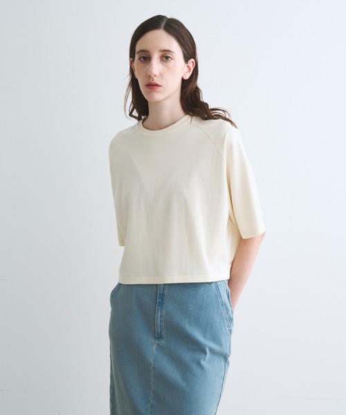 three dots(スリードッツ)の「ダブルニット スーピマ クロップドTシャツ(ニット/セーター・レディース・グリーン系その他/ベージュ系その他/ブラック・S)」の2枚目の写真