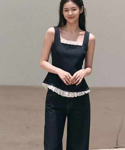 semplice(センプリチェ)の「レーストリム スクエアネックデニムキャミソール × ワイドパンツ セットアップ(セットアップ・レディース・ブラック・XL/L/M/S)」の2枚目の写真