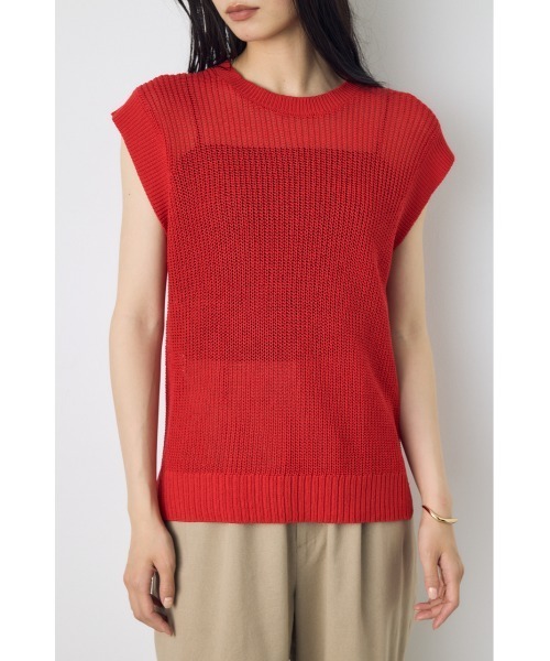 AZUL by moussy(アズールバイマウジー)の「【身長/骨格別着用画像あり】畔編みノースリーブトップス サマーニットトップス シアートップス 春服 夏服 秋服 透け感 メッシュトップス(ニット/セーター・レディース・ブラウン/レッド/ブラック/オフホワイト・MEDIUM/SMALL)」の4枚目の写真