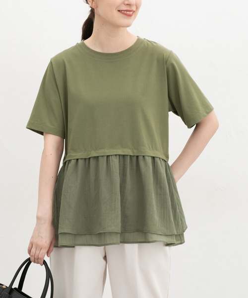 Honeys（ハニーズ）の「【ハニさら・接触冷感・イージーケア・ＵＶカット】ペプラムトップス（Tシャツ/カットソー・レディース・カーキ/ダークオレンジ/アイボリー/ブラック・S/M/L/LL）」の3枚目の写真