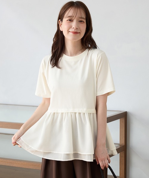 Honeys（ハニーズ）の「【ハニさら・接触冷感・イージーケア・ＵＶカット】ペプラムトップス（Tシャツ/カットソー・レディース・カーキ/ダークオレンジ/アイボリー/ブラック・S/M/L/LL）」の2枚目の写真