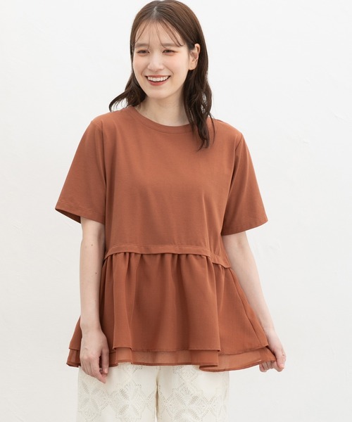 Honeys（ハニーズ）の「【ハニさら・接触冷感・イージーケア・ＵＶカット】ペプラムトップス（Tシャツ/カットソー・レディース・カーキ/ダークオレンジ/アイボリー/ブラック・S/M/L/LL）」の4枚目の写真