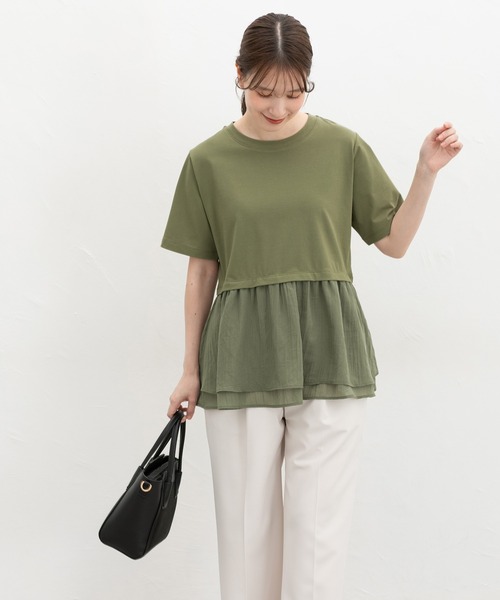 Honeys（ハニーズ）の「【ハニさら・接触冷感・イージーケア・ＵＶカット】ペプラムトップス（Tシャツ/カットソー・レディース・カーキ/ダークオレンジ/アイボリー/ブラック・S/M/L/LL）」の11枚目の写真