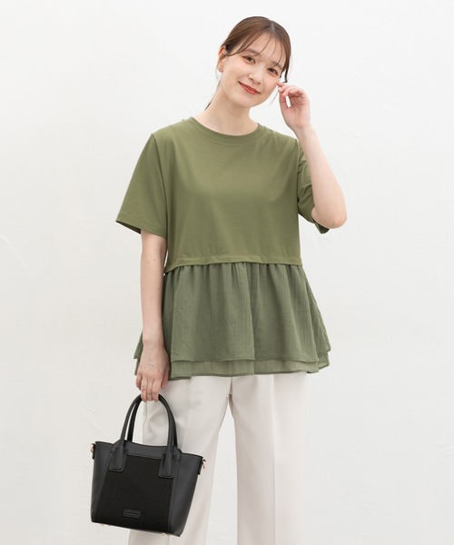 Honeys（ハニーズ）の「【ハニさら・接触冷感・イージーケア・ＵＶカット】ペプラムトップス（Tシャツ/カットソー・レディース・カーキ/ダークオレンジ/アイボリー/ブラック・S/M/L/LL）」の12枚目の写真