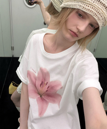 フラワープリンティングオーバーサイズTシャツ_ピンクフラワー