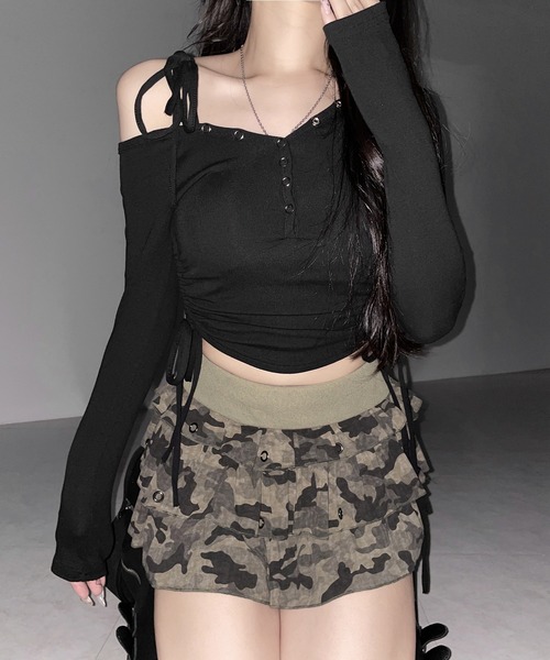 me+em select(ミームセレクト)の「【 インパン裏地付 】ヴィンテージカモフラ迷彩フリルミニスカート / vintage camouflage frill mini skirt(スカート・レディース・グレー/カーキ・FREE)」の18枚目の写真