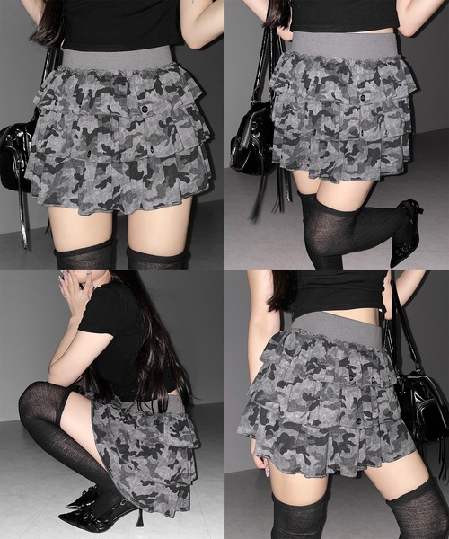 me+em select(ミームセレクト)の「【 インパン裏地付 】ヴィンテージカモフラ迷彩フリルミニスカート / vintage camouflage frill mini skirt(スカート・レディース・グレー/カーキ・FREE)」の4枚目の写真